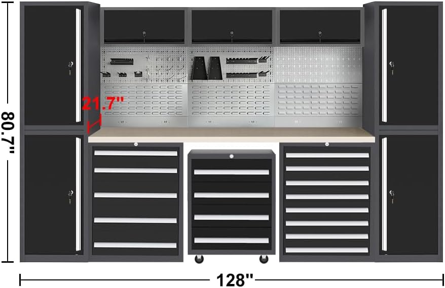 JZD Metal Garage Workbench with Storage and Cabinets for Workshop Utility Room, Included One Tool Cart, Wall Mounting Not Necessary