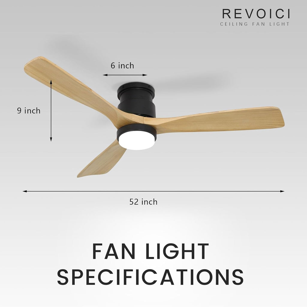 Flush Mount Ceiling Fan with Light Remote, 52inch Natural Wood Ceiling Fans, 6 Speeds Reversible DC Motor 3CCT LED Lighting, Indoor Outdoor Fan Farmhouse Bedroom Living Room