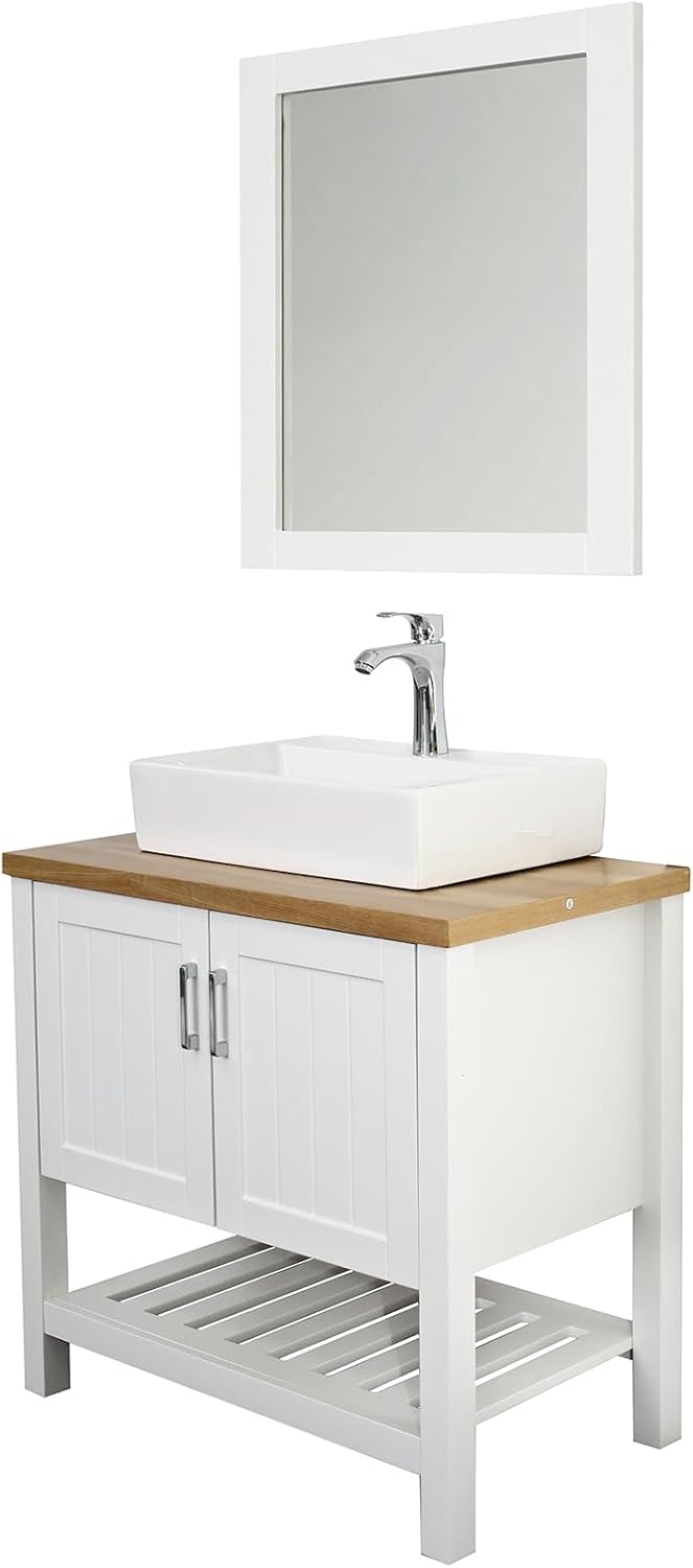 32' Vintage Bathroom Vanity with Sink and Mirror, Farmhouse Bathroom Vanity Set with 2 Doors & Open Storage Shelf for Guest Baths Master Suites or Rental Units, Set