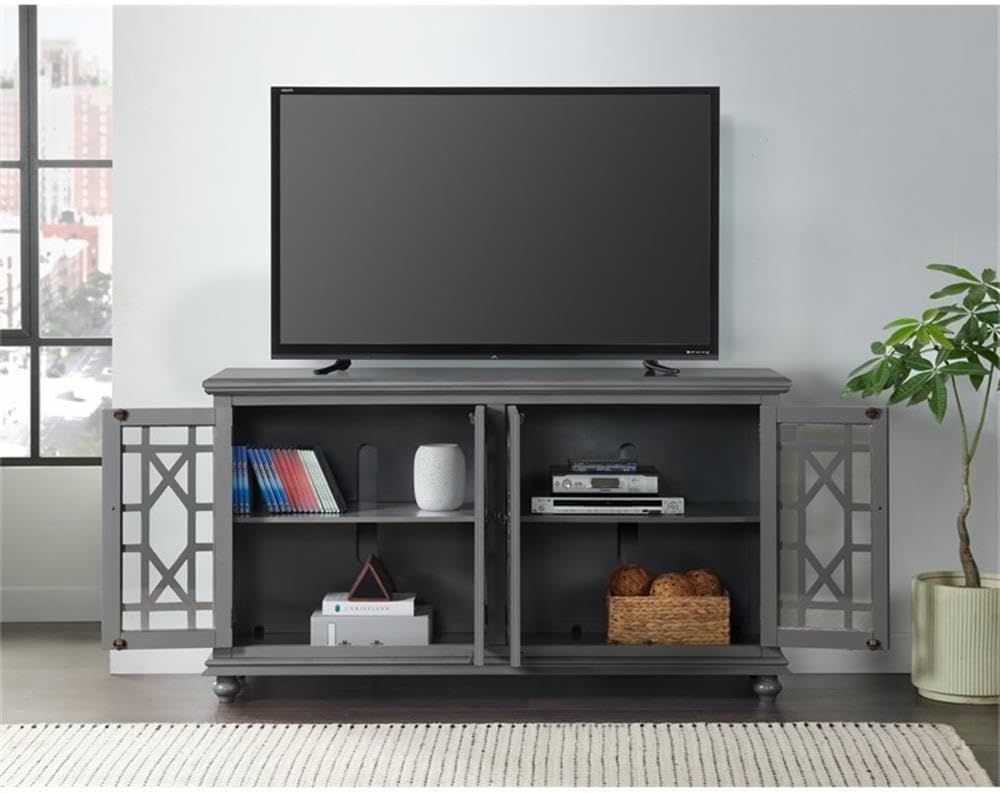 Elegant Gray Wood TV Stand for 50', 55', 60', 65' TVs, Entertainment Center with Doors, Adjustable Shelves, Storage, Media Console, Sideboard, Hallway Accent Chest 63' W x 18' D x 35' H