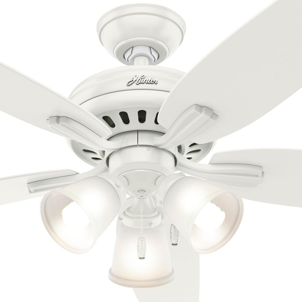 Hunter 52 inch Indoor Ceiling Fan with LED Lights - White Ceiling Fan with Pull Chain, For Bedroom or Living Room, Standard Mount, No Remote, 5 Blades, Includes Bulbs - Newsome 53316, Fresh White