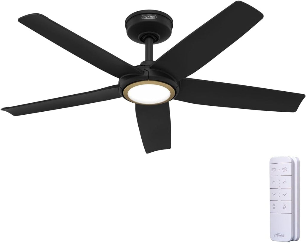 Hunter Fan Outdoor or Indoor Ceiling Fan, 44 in Matte Black Ceiling Fan with Light and Remote for Patios, Living Room, Bedroom, Porch, Garage, 5 Blades (Renewed)