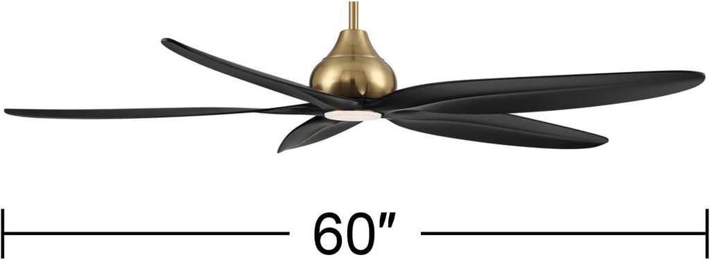 Casa Vieja 60' Lotus Bay Modern Indoor Outdoor Ceiling Fan 5 Blade LED Light Remote Control Brass Finish Black Blades Bedroom Patio Living Room Kitchen Porch Damp Rated Decorative DC Motor Garage