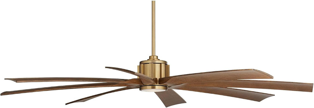 Possini Euro Design 70' Defender Large Modern Indoor Outdoor Ceiling Fan 8 Blade LED Light Remote Control Soft Brass Finish Motor Brown Koa Finish Blades Bedroom Patio Living Room Damp Rated