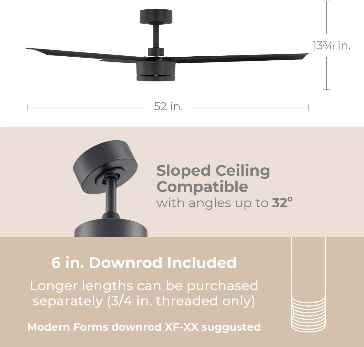 Indoor or Outdoor Breeze 52in 3-Blade Smart Indoor or Outdoor Ceiling Fan in Matte Black Works With iOS or Android App