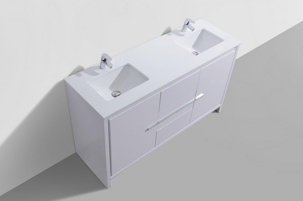 KubeBath Dolce 60 in. Freestanding Double Sink Modern Bathroom Vanity with White Quartz Countertop and Cabinet Color Options