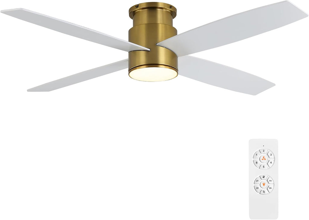 WINGBO 52 Inch Flush Mount DC Ceiling Fan with Lights and Remote, 4 Reversible Blades, Ultra Quiet 6-Speed DC Motor, Hugger Low Profile Indoor Ceiling Fan, Brass Finish