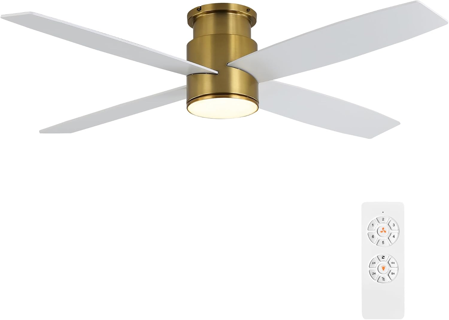 WINGBO 52 Inch Flush Mount DC Ceiling Fan with Lights and Remote, 4 Reversible Blades, Ultra Quiet 6-Speed DC Motor, Hugger Low Profile Indoor Ceiling Fan, Brass Finish