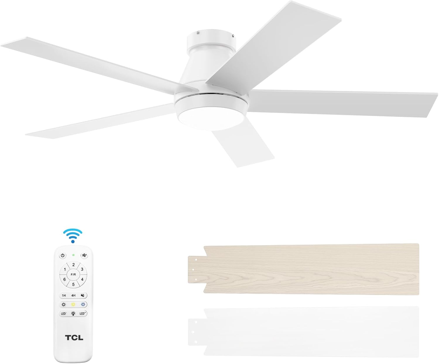 TCL 52' Modern Ceiling Fan with Lights, 5 Blades, 6 Speeds DC Reversible, Dimmable, White Flush Mount for Bedroom, Living Room and Garage
