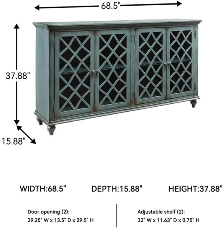 Signature Design by Ashley Mirimyn Vintage 69' 4-Door Accent Cabinet with Mirrored Glass and 2 Adjustable Shelves, Antique Blue