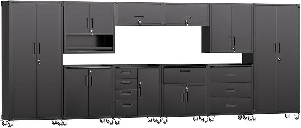 Garage Storage Cabinets System 10PCS Workshop Set with Drawers Locking Heavy Duty Rolling Cart with Adjustable Shelves Garage Tool Workbench Cabinets, Black