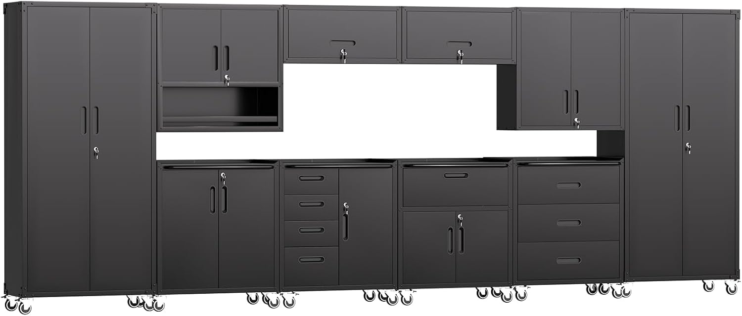 Garage Storage Cabinets System 10PCS Workshop Set with Drawers Locking Heavy Duty Rolling Cart with Adjustable Shelves Garage Tool Workbench Cabinets, Black