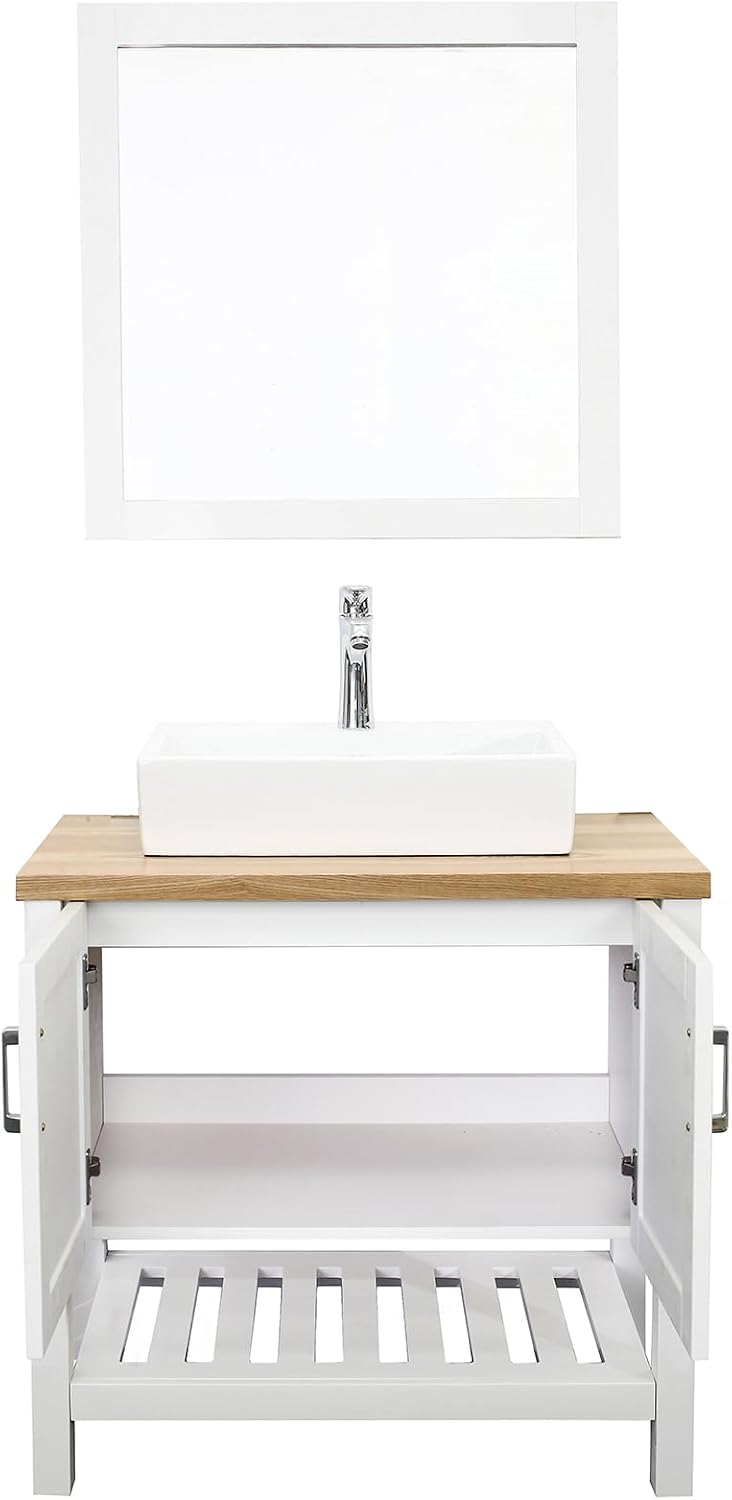 32' Vintage Bathroom Vanity with Sink and Mirror, Farmhouse Bathroom Vanity Set with 2 Doors & Open Storage Shelf for Guest Baths Master Suites or Rental Units, Set