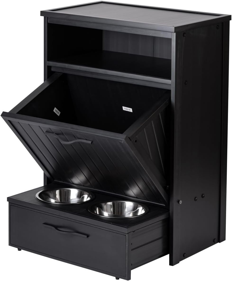 New Age Pet ECOFLEX Brea Dog Food Pantry in Black, Two 32 oz Bowls, Moisture Resistant, Easy Assembly, Holds 25 lbs