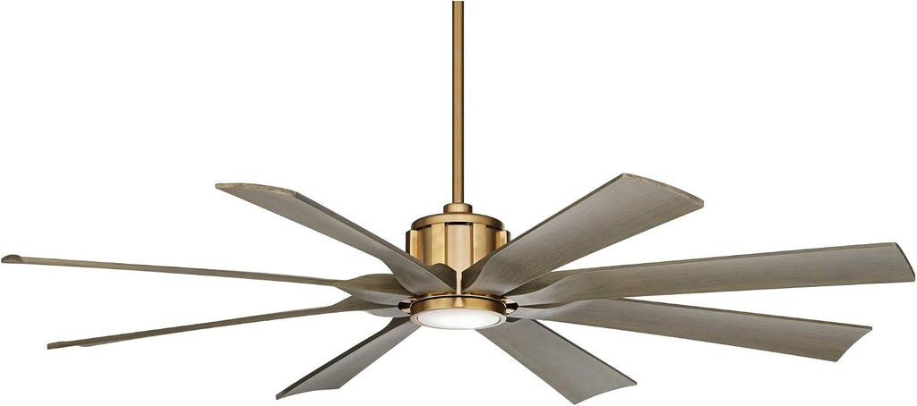 Possini Euro Design 60' Defender Modern Outdoor Ceiling Fan with Dimmable LED Light Remote Control Soft Brass Weathered Oak Blades Damp Rated for Patio Exterior House Porch Gazebo Garage Barn