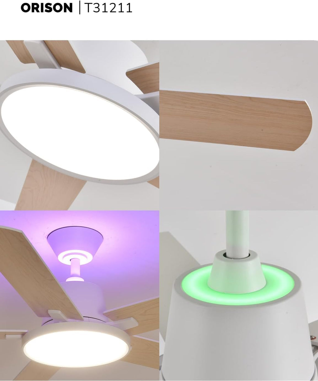 Orison Ceiling Fans with Lights, 52 inch Low Profile Ceiling Fan with RGB Backlight, Flush Mount Ceiling Fan with Remote and App Control,White Bedroom Fan, 6 Speeds, 3 Reversible Blades (White RGB)