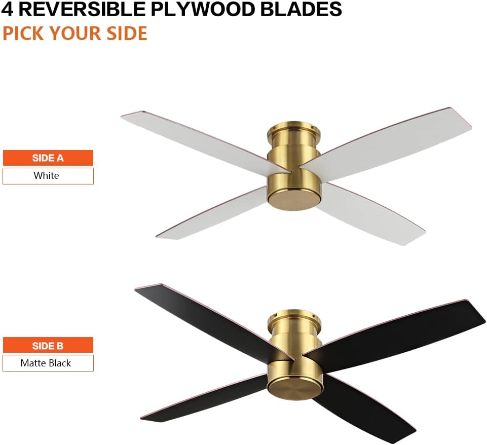 WINGBO 52' Flush Mount DC Ceiling Fan without Lights, 4 Reversible Blades, Ultra Quiet 6-Speed DC Motor, Hugger Low Profile Indoor Ceiling Fan No Lights, Brass Finish