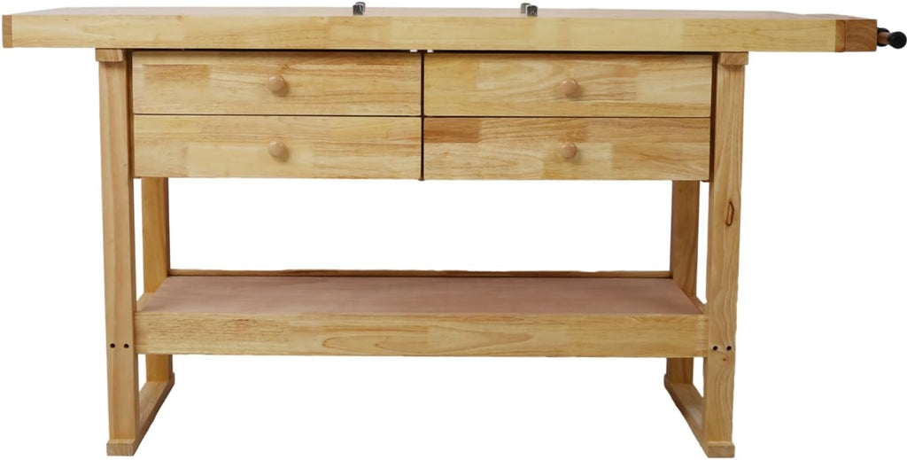 60In Rubber Wood Workbench with 4 Drawers Durable Clamps for Garage Workshop Heavy-Duty Clamping Force Durable Workbench for Home Use Easy Assembly