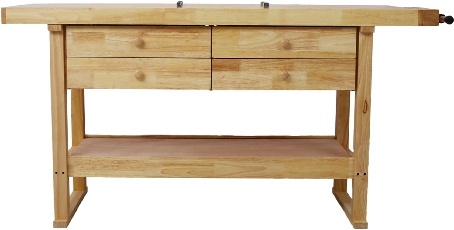 60In Rubber Wood Workbench with 4 Drawers Durable Clamps for Garage Workshop Heavy-Duty Clamping Force Durable Workbench for Home Use Easy Assembly