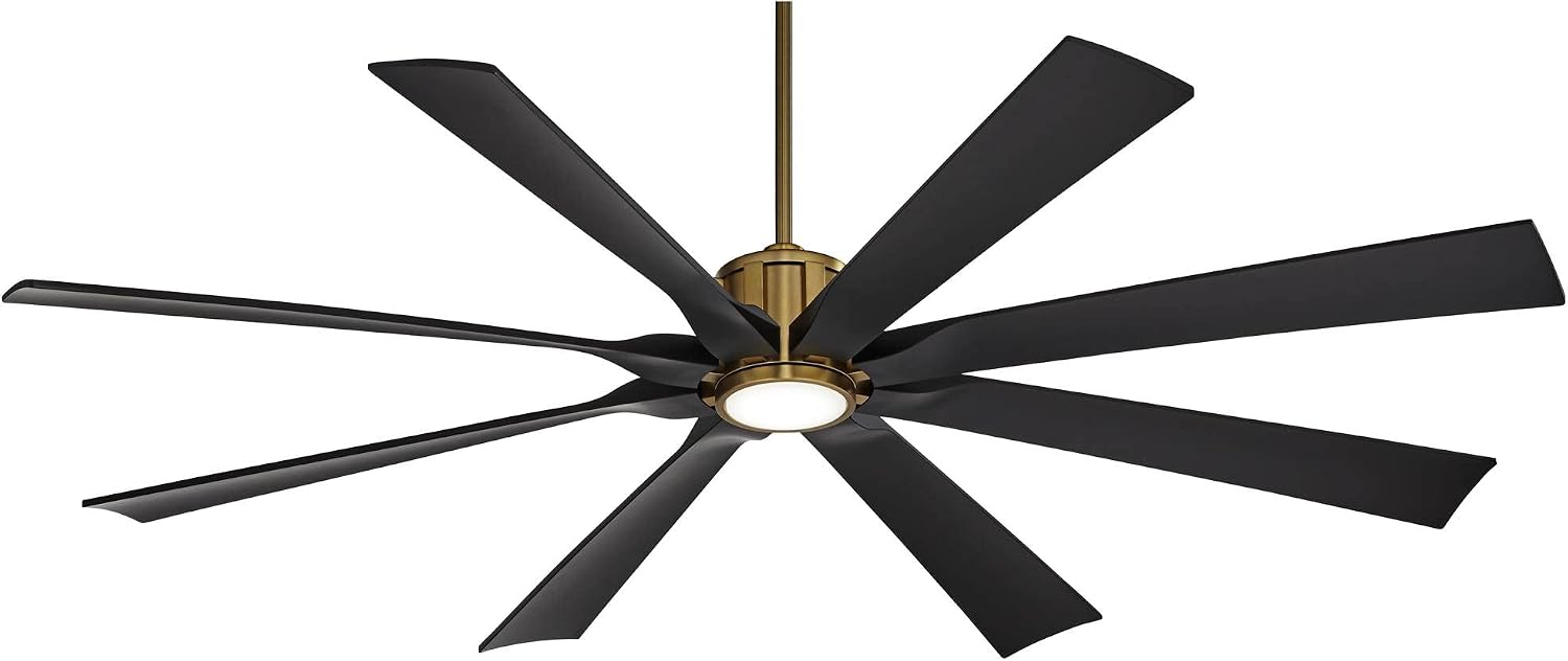 Possini Euro Design 70' Defender Modern Outdoor Ceiling Fan with LED Light Remote Control Soft Brass Matte Black Damp Rated for Patio Exterior House Home Porch Gazebo Garage Barn