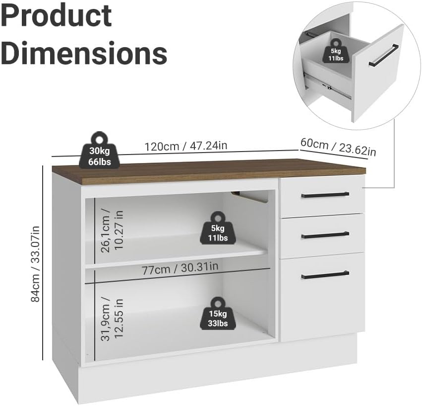 Madesa Heavy-Duty Garage and Utility Room Base Storage Cabinet with 2 Doors and 3 Drawers Storage Shelves 47 Inch Wooden Organization Unit - White