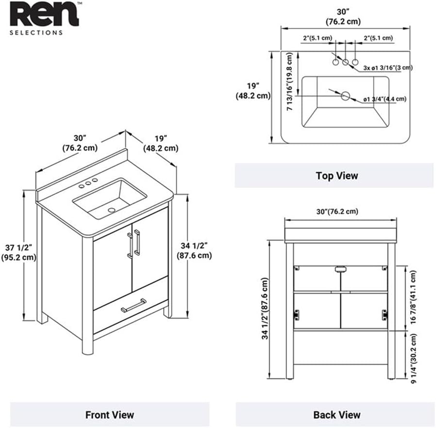 Pemberly Row 30' Matte Black Bathroom Vanity, Freestanding with Engineered Marble Countertop and Backsplash, Single Rectangular Sink, Soft-Close Doors and Drawer, Modern Design, MDF Construction