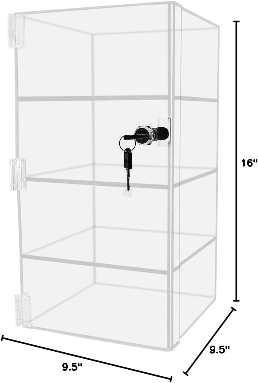 Marketing Holders Acrylic Locking Vertical Cabinet with Keys 9.5' x 9.5' x 16' Clear Plexiglass Countertop Hinged Swing Door Locker for Retail Products and Convenience Stores Merchandise