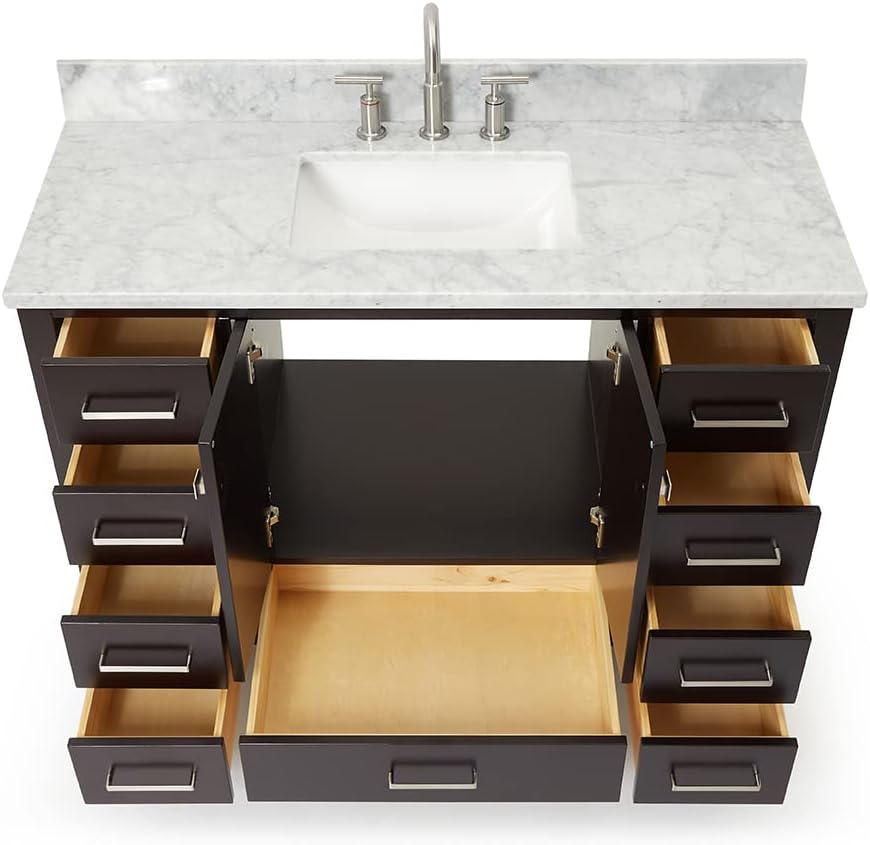 ARIEL Cambridge 48-inch Bathroom Vanity with Sink,Solid Wood, 0.75-inch Italian Carrara Marble Countertop, Single Rectangular Porcelain Sink, 2 Soft Closing Doors, 9 Dovetail Drawers, Espresso