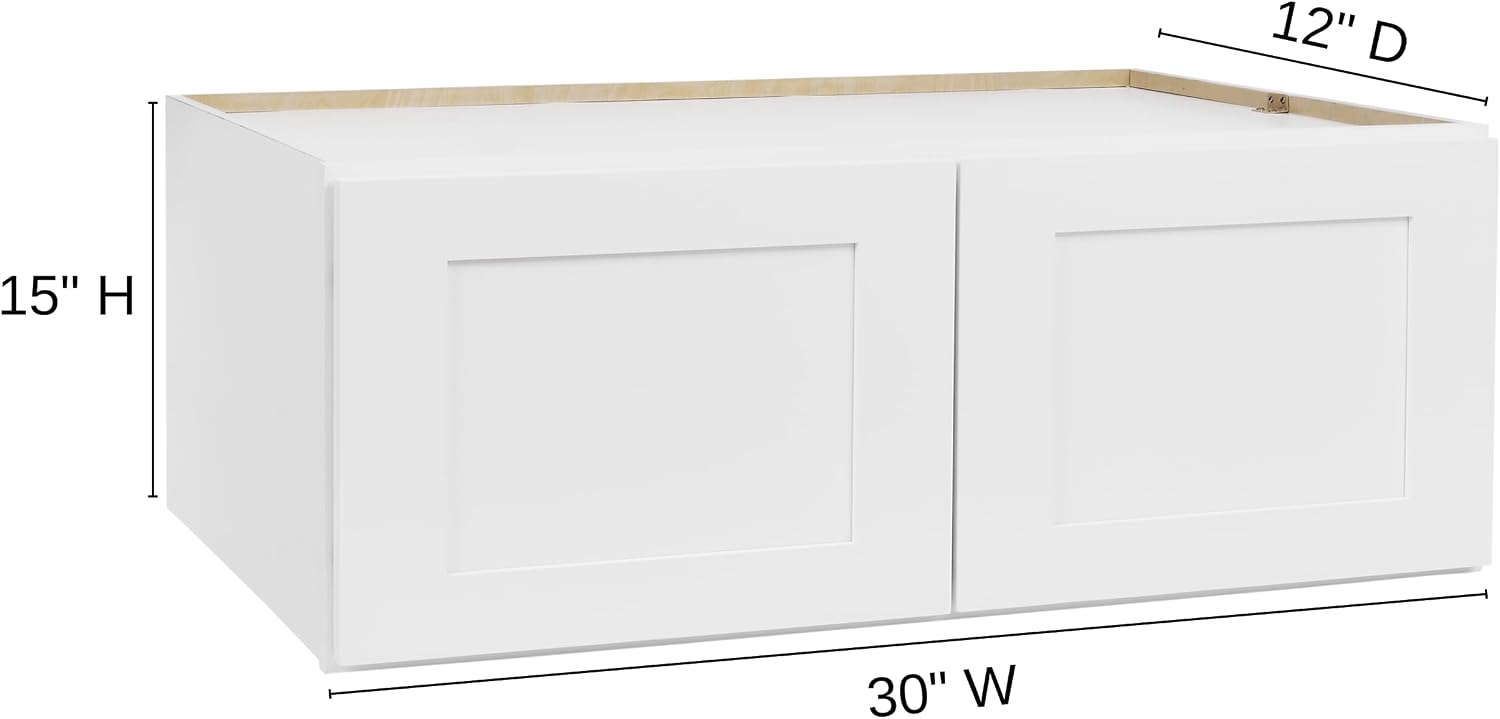 White Shaker Wall Cabinet - Ready to Assemble, Perfect for Kitchen, Laundry, and Bathroom Storage - 30'W x 15'H x 12'D