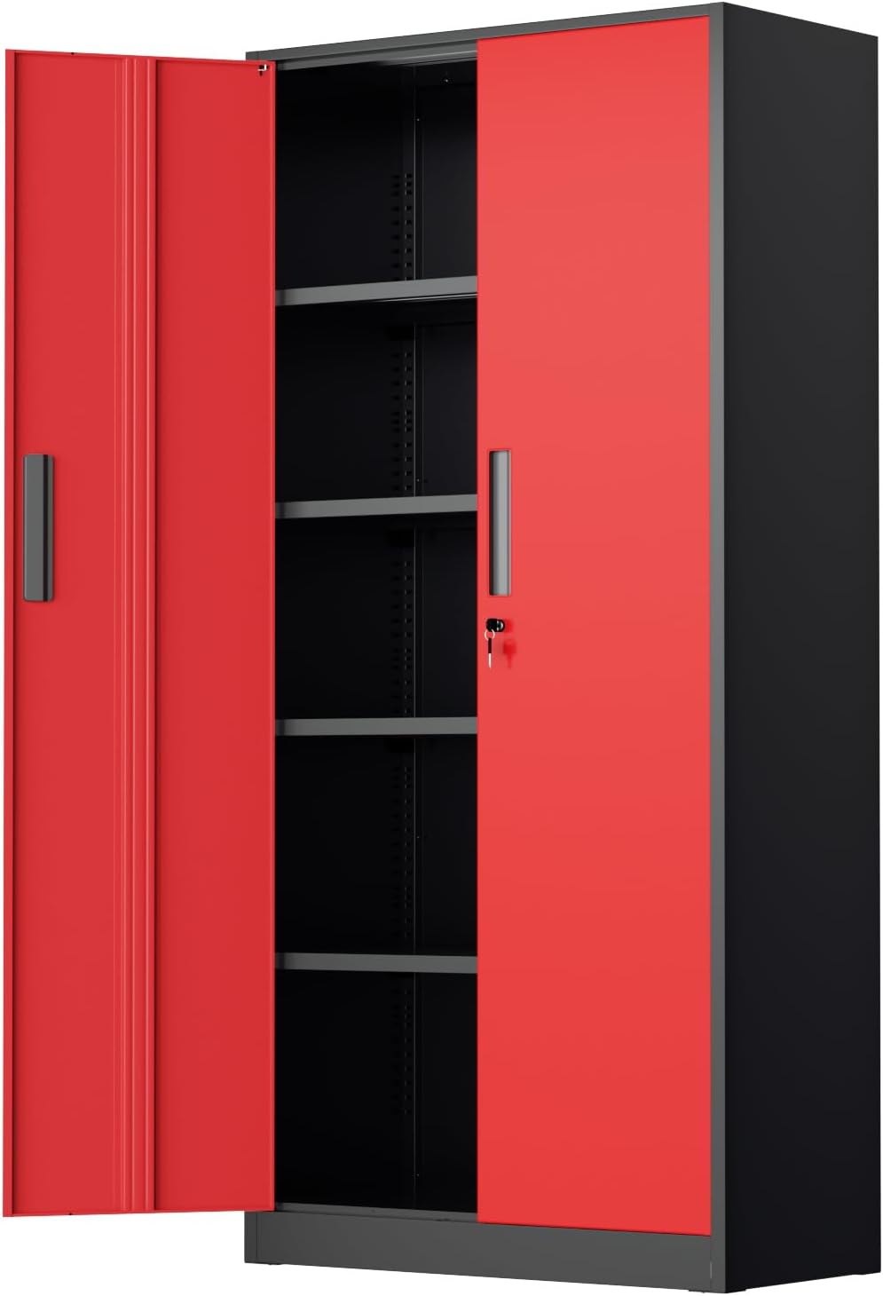 SUNCROWN Metal Storage Cabinets with Lock, Tool Cabinet, 72' Locking Steel Storage, Tall Locker Organizer Garage Cabinets with 2 Doors and 4 Shelves for Home,Office,Warehouse,Garage,School(Black Red)