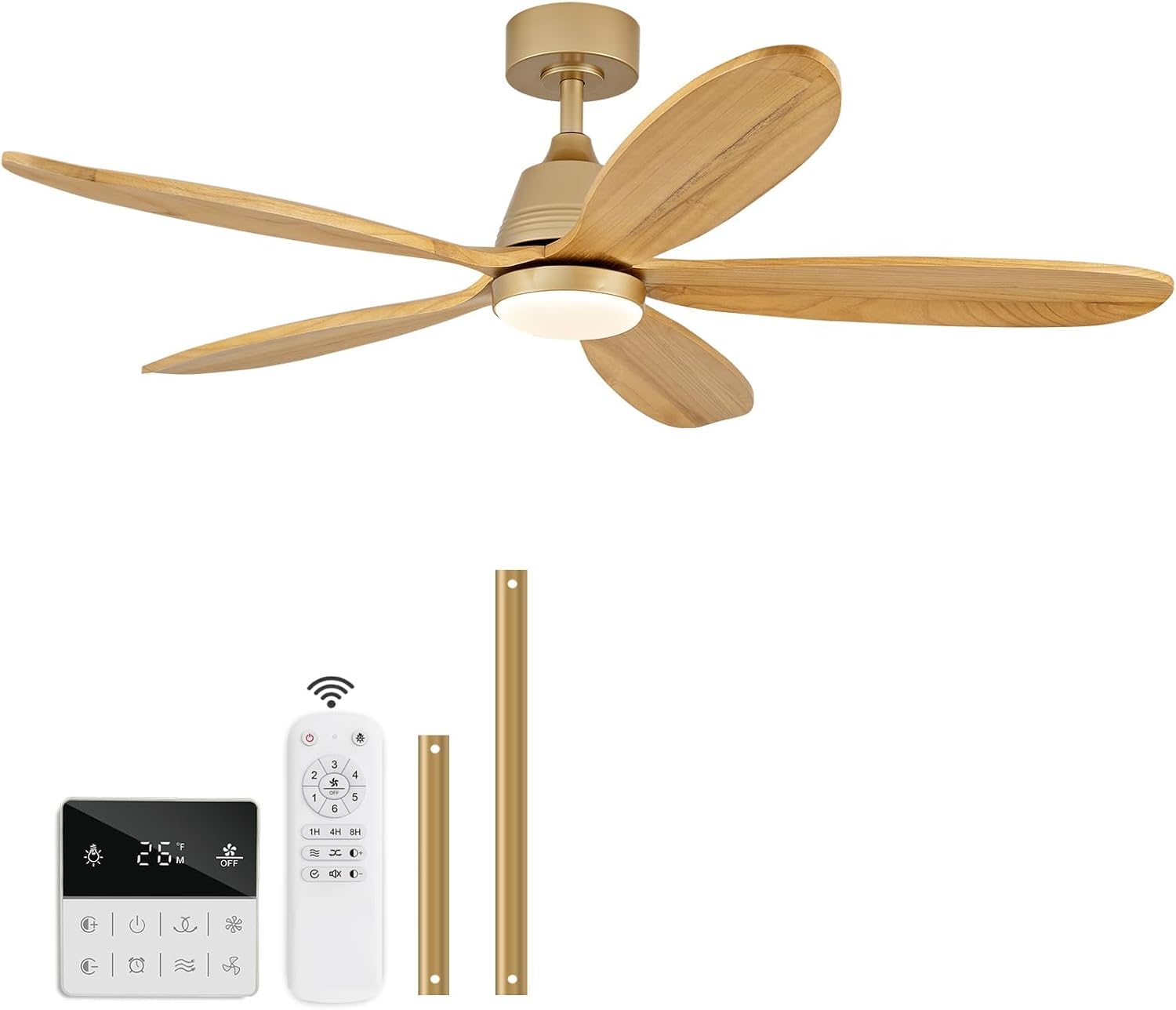48 Inch Ceiling Fans with Lights and Remote, Modern Indoor Outdoor Ceiling Fan with Light for Patio Bedroom, Dimmable, 5 Wood Blades, Wall Switch, Reversible DC Motor, Memory Function (Gold)