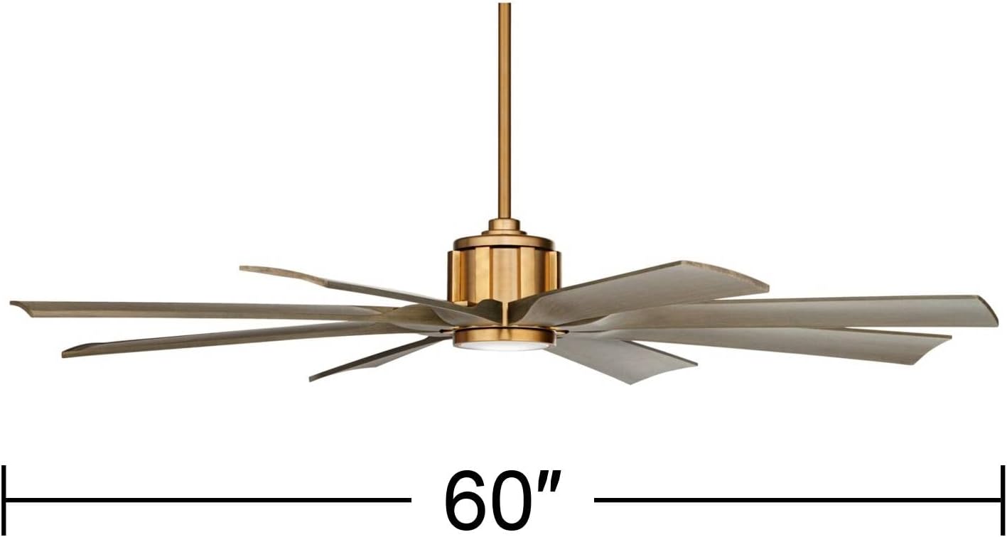 Possini Euro Design 60' Defender Modern Outdoor Ceiling Fan with Dimmable LED Light Remote Control Soft Brass Weathered Oak Blades Damp Rated for Patio Exterior House Porch Gazebo Garage Barn