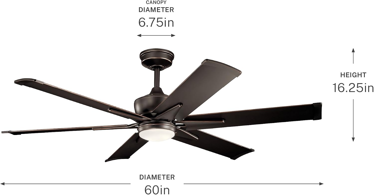 Kichler Szeplo II 60 in 6-Blade Outdoor Ceiling Fan with LED Light, DC Motor Wet Rated Patio Fan with Etched Cased Opal Glass in Old Bronze for Pergola Porch, 300300OZ