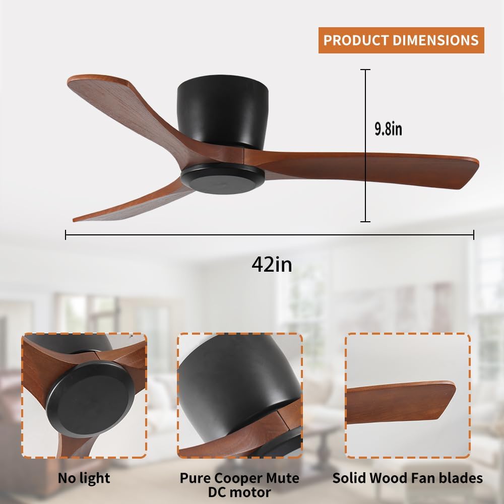 Wood Ceiling Fan No Light Flush Mount,42 In Low Profile Ceiling Fan without light,6-Speed Noiseless DC Motor Reversible,Timer,Remote Control for Bedroom Living Room Outdoor Patio Porch,ETL Listed