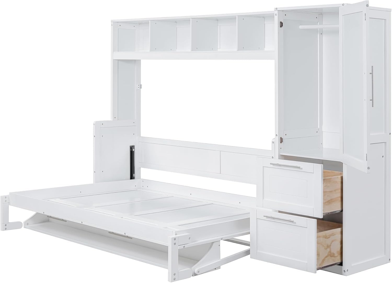 MERITLINE Full Murphy Bed with Wardrobe Closet,2 Drawer,4 Storage Open Shelves,Wood Folding Murphy Wall Bed Cabinet (White,Full)