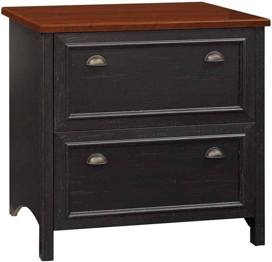 Bush Home Fairview 2 Drawer Lateral File Cabinet in Antique Black/Hansen Cherry, Home Office Storage for Letter, Legal, and A4-Size Documents
