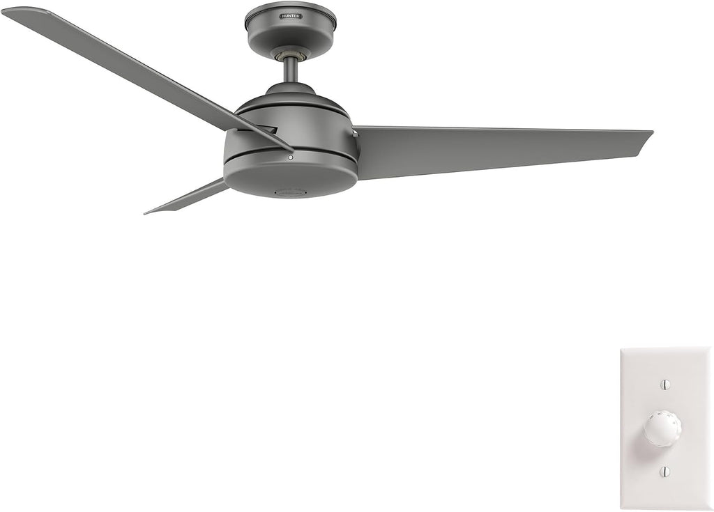 Hunter 52 inch Outdoor or Indoor Ceiling Fan No Light - Ceiling Fan without Light, For Patio, Porch, Garage, or Living Room, Standard Mount, 3 Blades, Wall Control - Trimaran 59608, Matte Silver