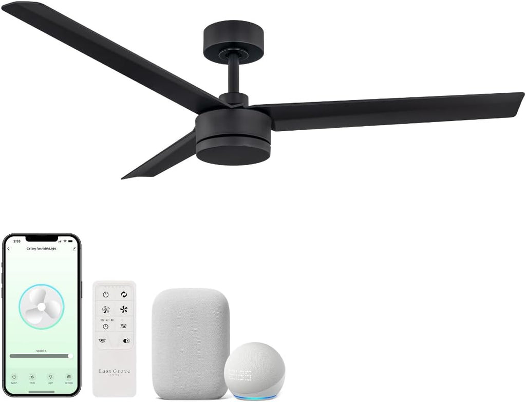 Indoor or Outdoor Breeze 52in 3-Blade Smart Indoor or Outdoor Ceiling Fan in Matte Black Works With iOS or Android App