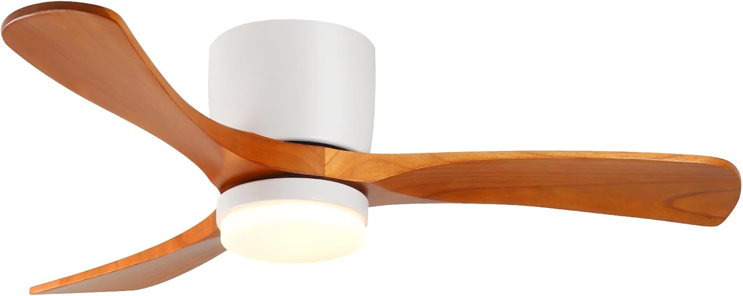 GESUM 42' Flush Mount Ceiling Fan with Lights3 Wood Blades, Reversible,Dimmable, Low Profile Ceiling Fan with Remote Control for Living Room Kitchen Bedroom(White+Wood)