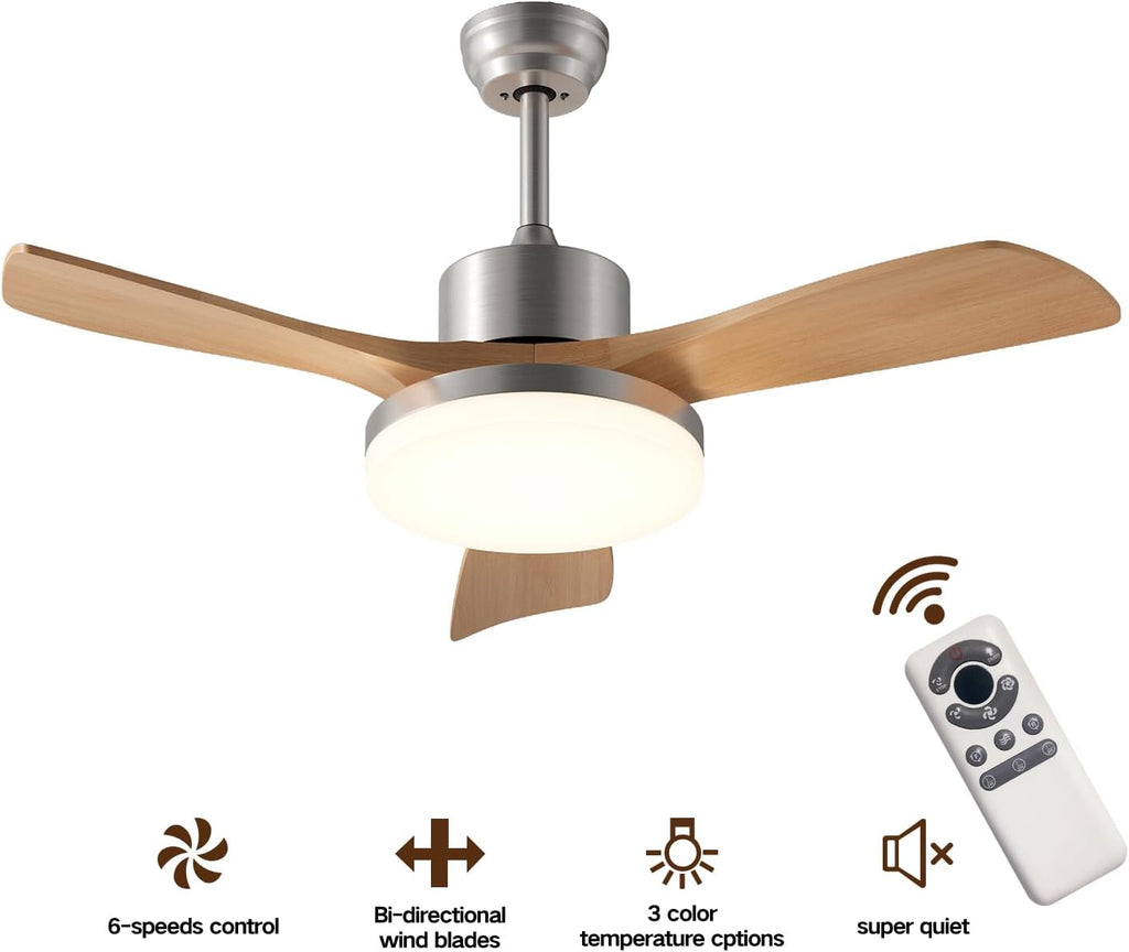 42 Inch Ceiling Fans with Lights, 3 Blades Modern Ceiling Fan with Remote Control, ABS Plastic Wood Grain Fan with Light for Patios, Outdoor, Living Room, Dining Room, Bedroom