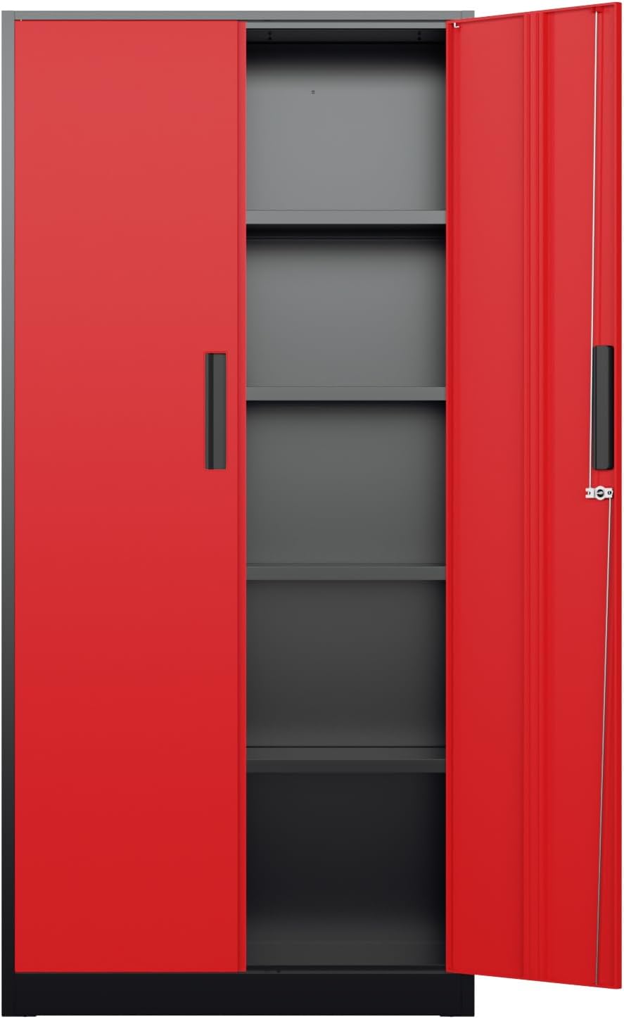 Bonusall 72' Metal Garage Storage Cabinet - 900lbs Heavy Duty Steel Cabinet with 3-Point Locking System & 4 Adjustable Shelves, Lockable Tall Storage for Garage, Office, Warehouse - Black & Red