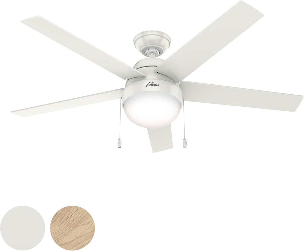 Hunter Fan 52 inch Contemporary Fresh White Finish Indoor Ceiling Fan with LED Light Kit and Pull Chain, Holiday gift for Bedroom, Living Room/Family Room, Dining Room, Kitchen, Office (Renewed)