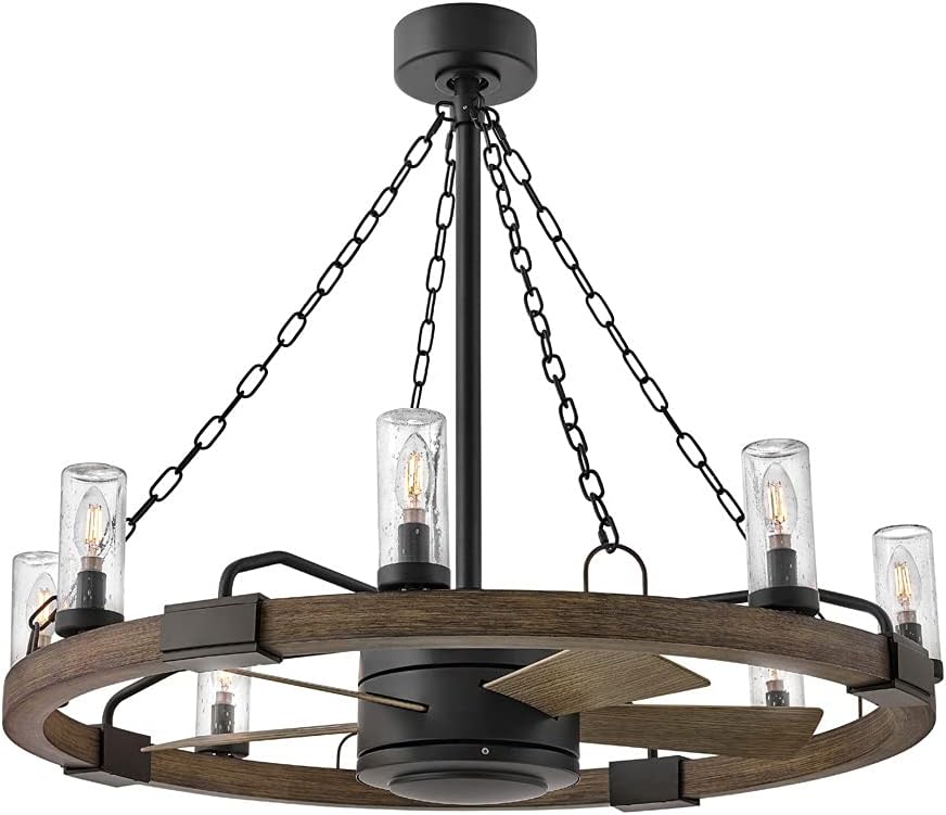 Hinkley Sawyer 36' LED Indoor/Outdoor Smart Fandelier, Rustic Western style, Multiple Down Rods, 16' blade sweep, Matte Black and Driftwood