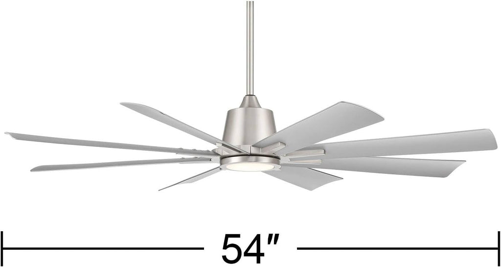 Casa Vieja 54' Inspirit Modern Industrial Indoor Outdoor Ceiling Fan 8 Blade LED Light Remote Control Brushed Steel Finish Silver Blades Bedroom Patio Living Room Damp Rated Decorative DC Motor