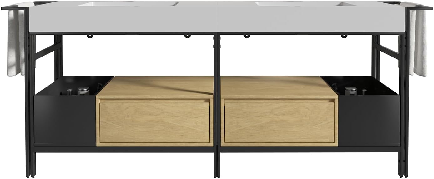 2 x 36 Inch Bathroom Vanity Set, Industrial Style Modular Bathroom Vanity with Quartz Sink Combo and Metal Frame and Drawers, Without Drainage and Faucet, Oak+White