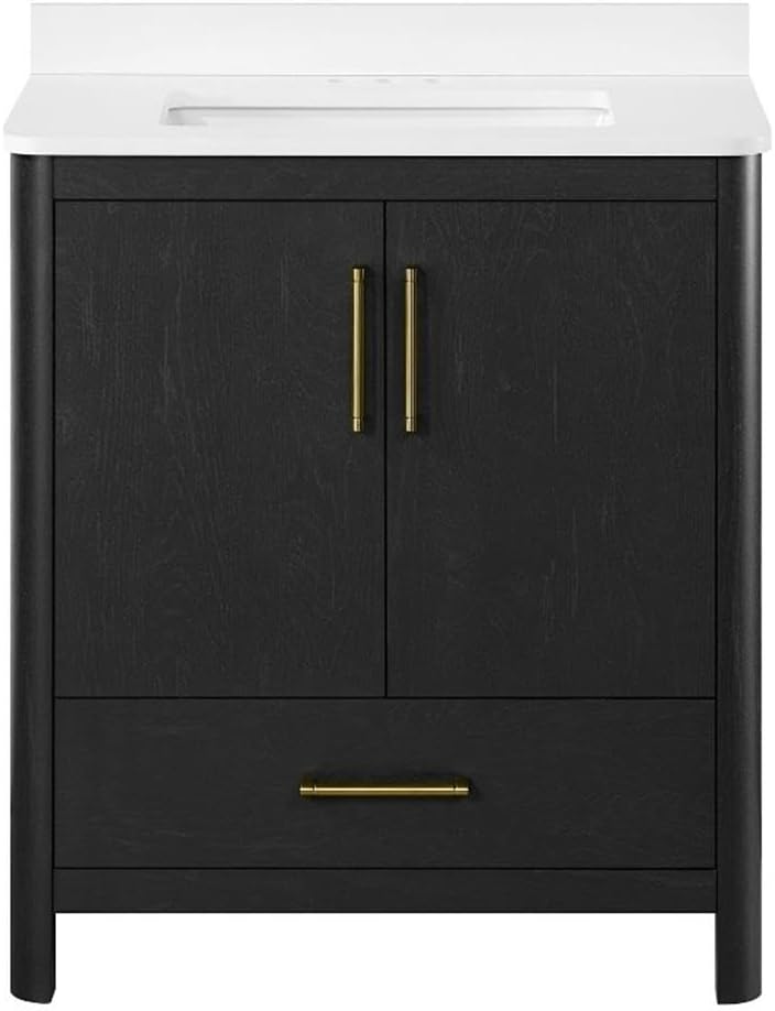Pemberly Row 30' Matte Black Bathroom Vanity, Freestanding with Engineered Marble Countertop and Backsplash, Single Rectangular Sink, Soft-Close Doors and Drawer, Modern Design, MDF Construction