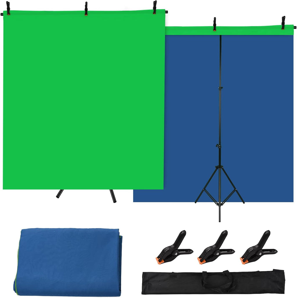 Andoer 5x7ft Green Screen Blue Screen Backdrop Double-Sided Chromakey Background Photography Kit with 5x7ft T-Shaped Background Adjustable Stand 3 x Spring Clamps