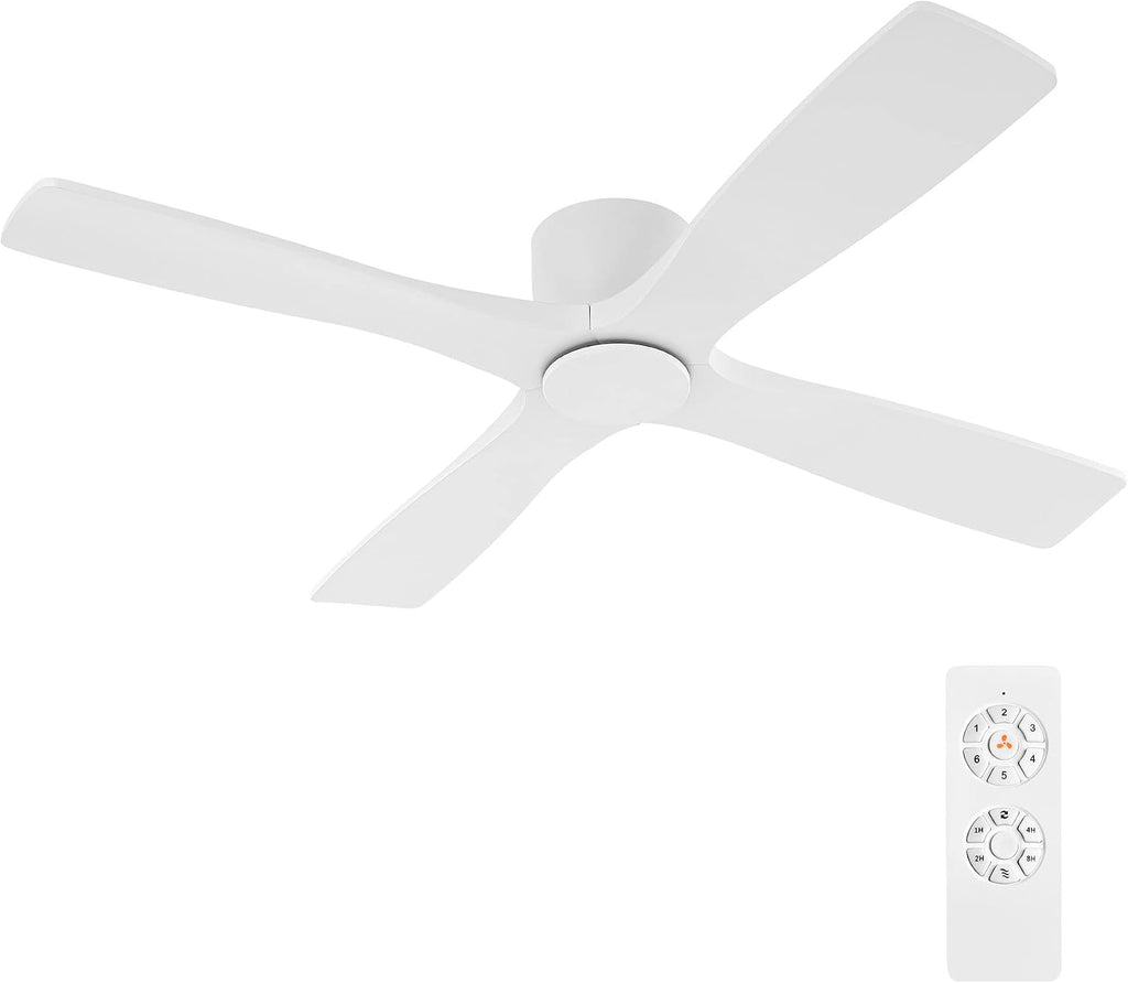 WINGBO 54 Inch Flush Mount DC Ceiling Fan without Lights, 4 Reversible Carved Wood Blades, 6-Speed Noiseless DC Motor, Huger Ceiling Fan No Lights in Gloss White with White Blades