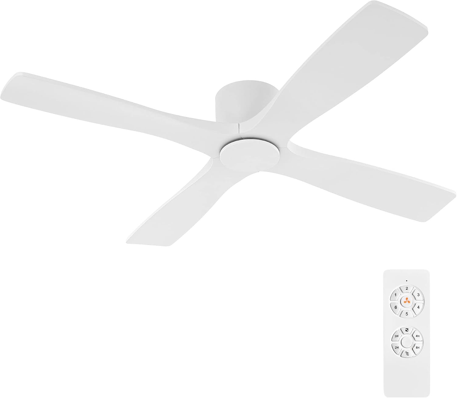 WINGBO 54 Inch Flush Mount DC Ceiling Fan without Lights, 4 Reversible Carved Wood Blades, 6-Speed Noiseless DC Motor, Huger Ceiling Fan No Lights in Gloss White with White Blades