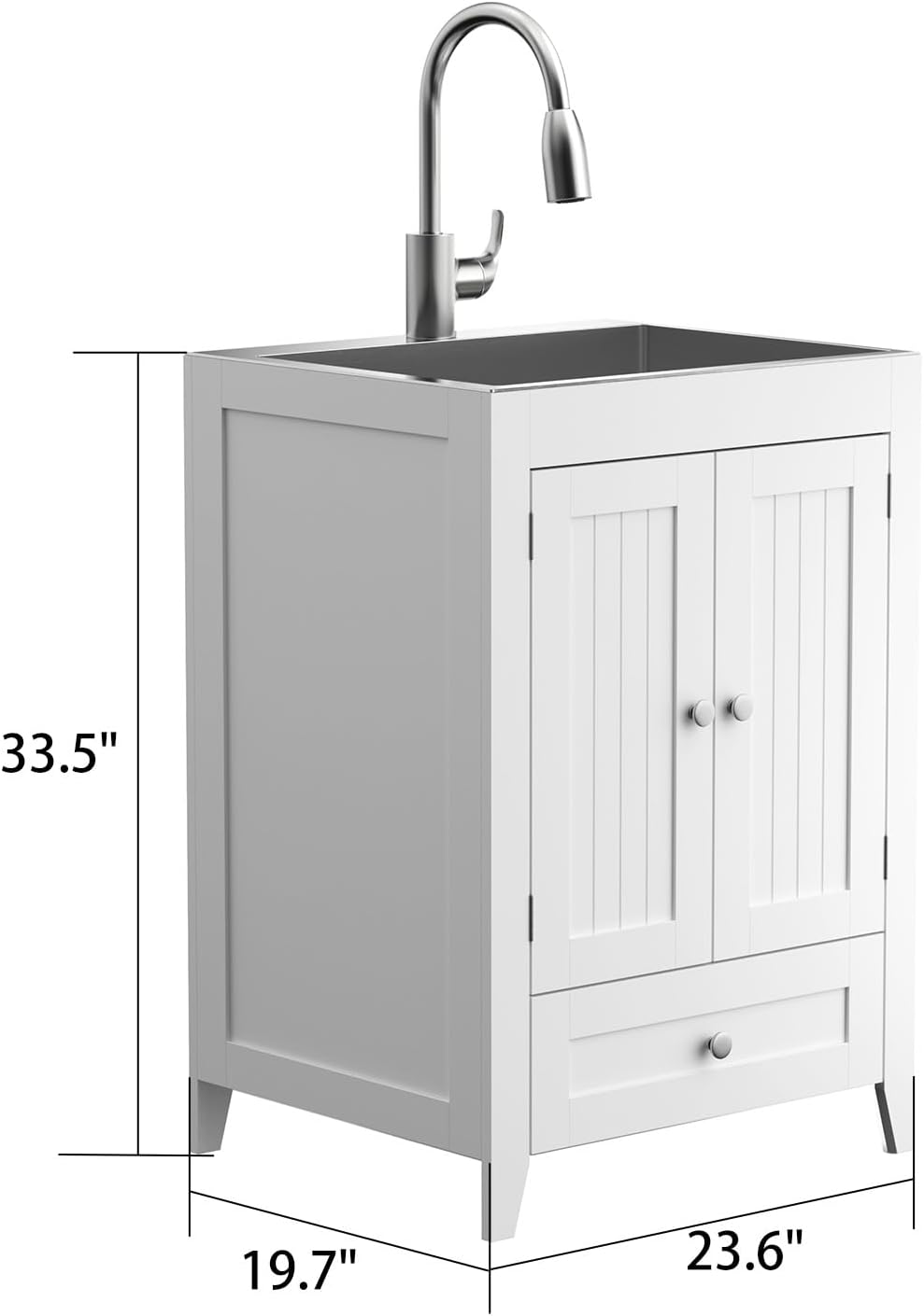 VINGLI 24-Inch Laundry Sink with Cabinet and Pull-Out Sprayer Faucet, Stainless Steel Utility Sink with Cabinet and Drawer Combo, Cabinet with Sink for Laundry & Utility Room, Kitchen, Bathroom, White